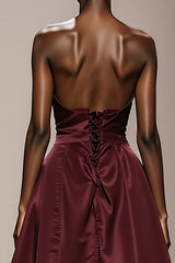Strapless Burgundy A-Line Maxi Evening Dress
