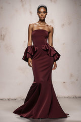 Strapless Mermaid Burgundy Maxi Evening Dress With Ruffles
