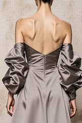 Silver Off The Shoulder Satin Maxi Evening Dress