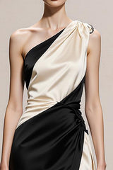 One Shoulder Black and White A-Line Maxi Evening Dress