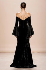 Black Off The Shoulder Flare Sleeve Velvet Evening Dress With Slit
