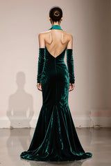 Dark Green Halter Mermaid Velvet Evening Dress With Slit