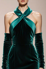 Dark Green Halter Mermaid Velvet Evening Dress With Slit