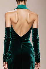 Dark Green Halter Mermaid Velvet Evening Dress With Slit