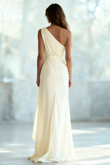 Ivory One Shoulder Sheath Ruched Maxi Formal Dress