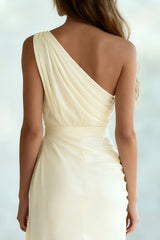 Ivory One Shoulder Sheath Ruched Maxi Formal Dress
