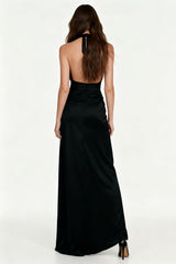 Halter Ruched A-Line Backless Black Tie Dress