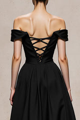 Off The Shoulder Black and White A-Line Evening Dress With Lace Up Back