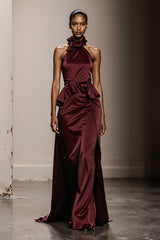 Burgundy Satin Halter Maxi Evening Dress