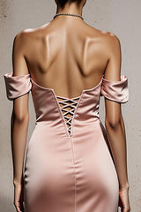 Mermaid Off The Shoulder Light Pink Satin Maxi Evening Dress