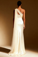 White Mermaid One Shoulder Maxi Evening Dress with Sash