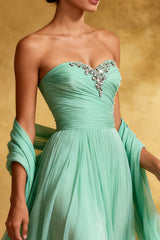 Strapless A-Line Mint Green Maxi Evening Dress with Beading