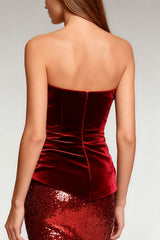 Burgundy Strapless Ruched Velvet Mermaid Evening Dress With Sequins