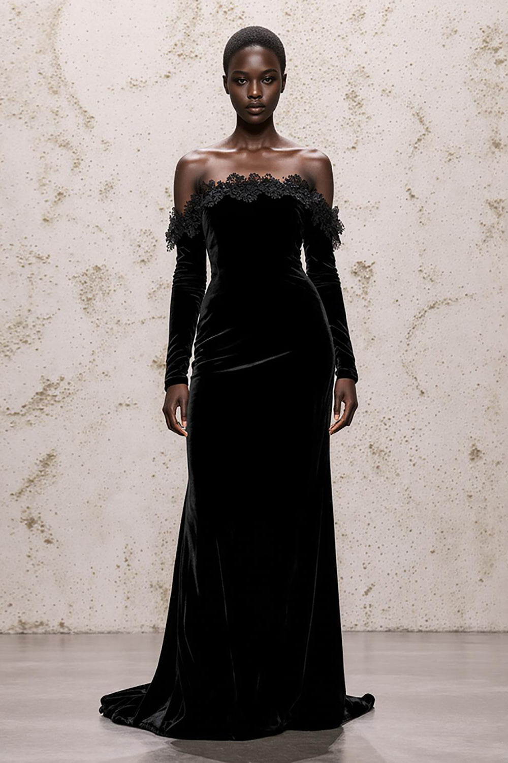 Black Off The Shoulder Long Sleeve Velvet Evening Dress With Lace