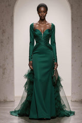 Dark Green Satin Mermaid Evening Dress With Long Sleeves