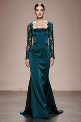 Mermaid Peacock Blue Appliqued Evening Dress with Long Sleeves