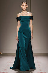 Off The Shoulder Peacock Blue Satin Evening Dress