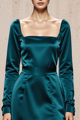 Peacock Blue A-Line Long Sleeve Satin Evening Dress With Slit