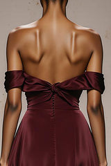 Burgundy Off The Shoulder Satin Evening Dress