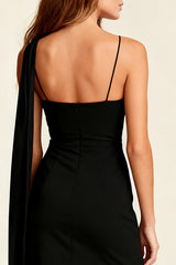 Black Asymmetrical Neck Tight Mini Dress With Sash