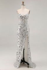Sparkly Silver Strapless Corset Mermaid Prom Dress With Slit