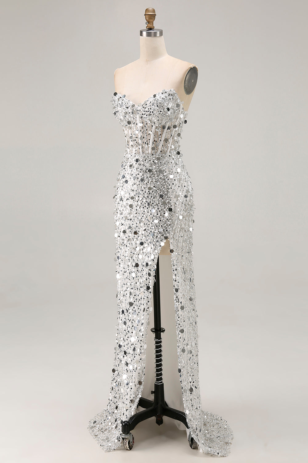 Sparkly Silver Strapless Corset Mermaid Prom Dress With Slit