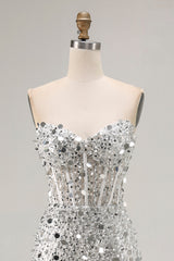 Sparkly Silver Strapless Corset Mermaid Prom Dress With Slit