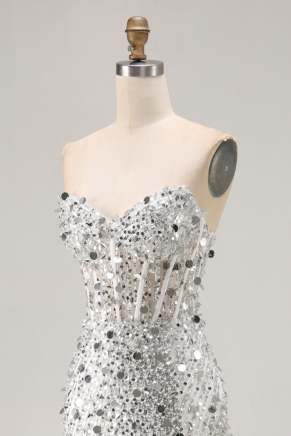 Sparkly Silver Strapless Corset Mermaid Prom Dress With Slit