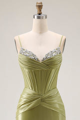 Green Mermaid Corset Spaghetti Straps Prom Dress With Rhinestones
