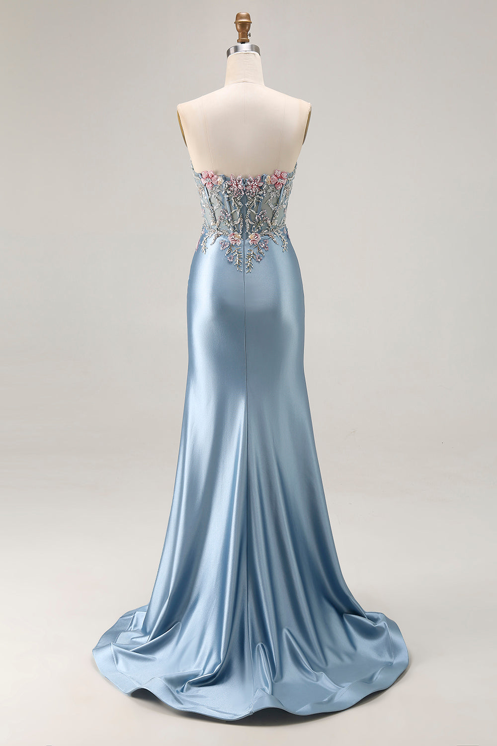 Grey Blue Sweetheart Corset Appliqued Prom Dress With Slit