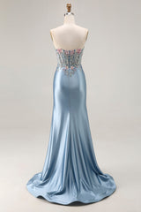 Grey Blue Sweetheart Corset Appliqued Prom Dress With Slit