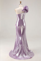 Metallic Light Purple One Shoulder Mermaid Prom Dress With Ruffle Slit
