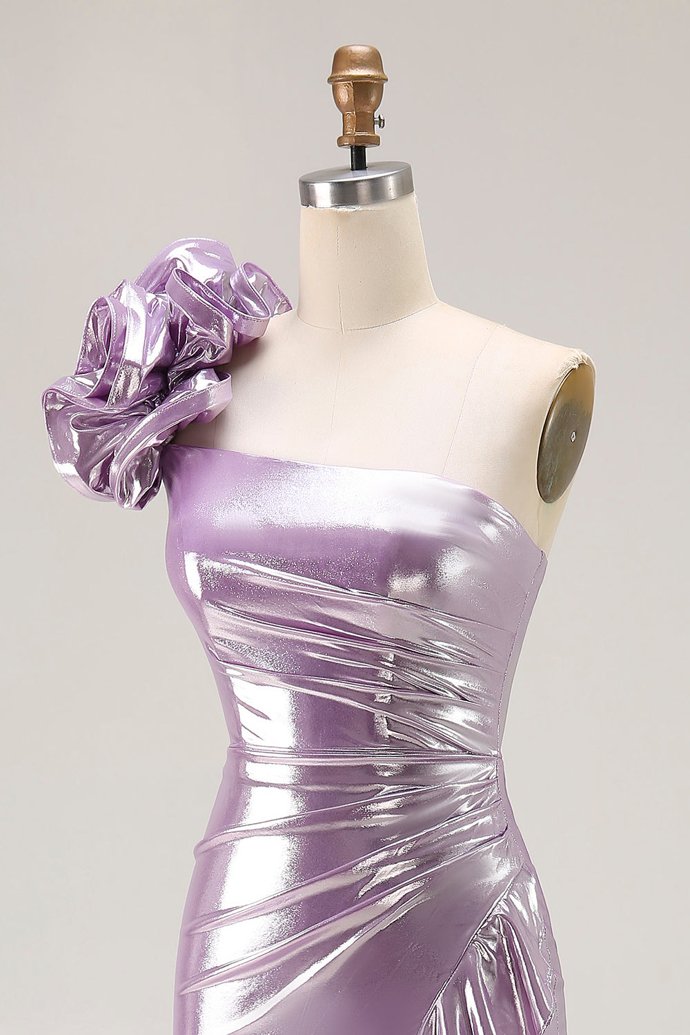 Metallic Light Purple One Shoulder Mermaid Prom Dress With Ruffle Slit