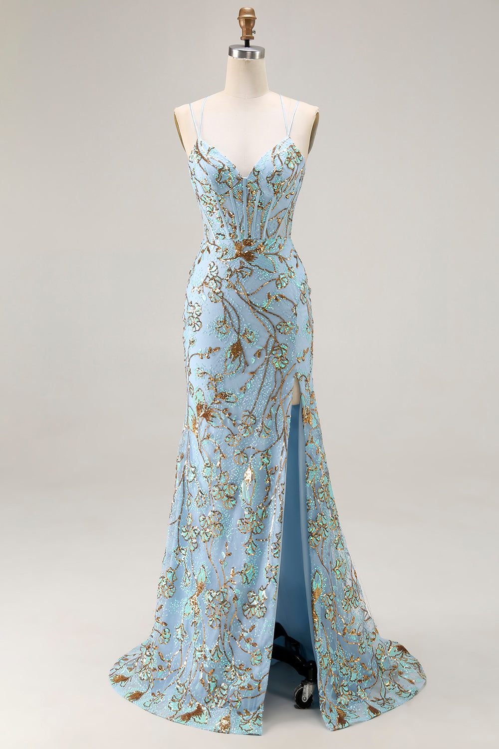 Mermaid Sequins Lake Blue Corset Prom Dress With Slit