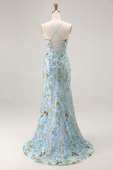 Mermaid Sequins Lake Blue Corset Prom Dress With Slit