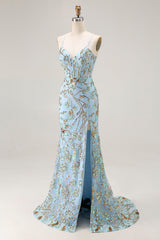 Mermaid Sequins Lake Blue Corset Prom Dress With Slit