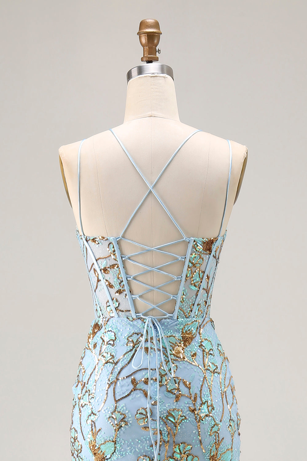 Mermaid Sequins Lake Blue Corset Prom Dress With Slit