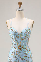 Mermaid Sequins Lake Blue Corset Prom Dress With Slit