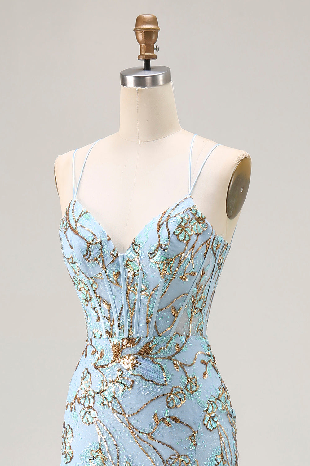 Mermaid Sequins Lake Blue Corset Prom Dress With Slit