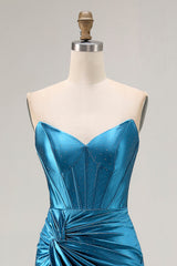 Strapless Royal Blue Corset Beaded Mermaid Prom Dress With Slit