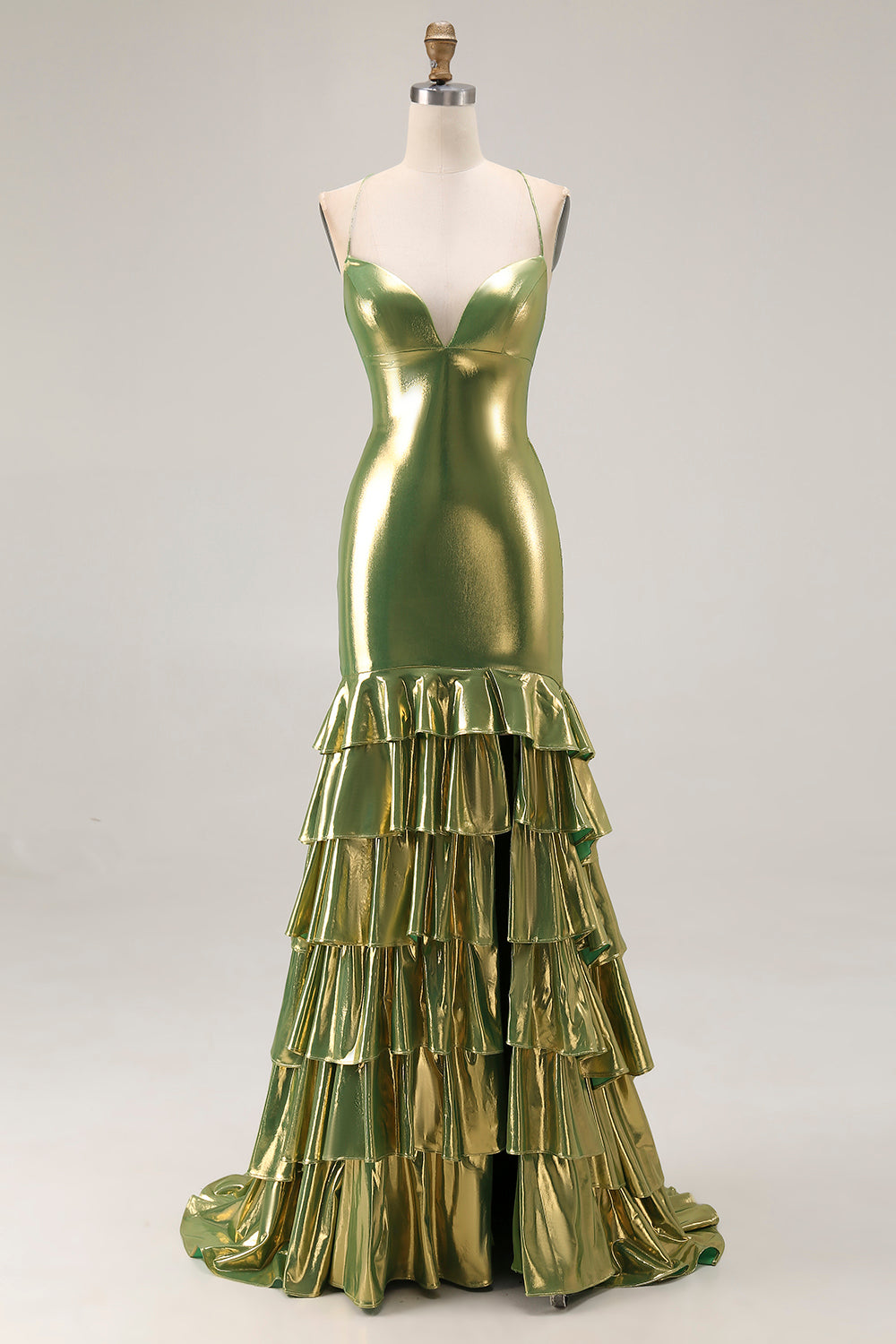Metallic Gold Tiered Mermaid Lace Up Back Prom Dress With Slit