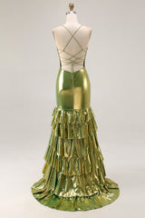 Metallic Gold Tiered Mermaid Lace Up Back Prom Dress With Slit