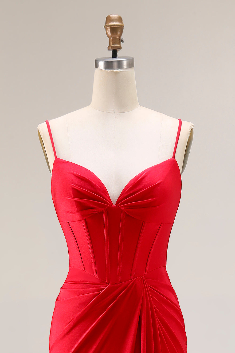 Red Corset Mermaid Spaghetti Straps Satin Prom Dress