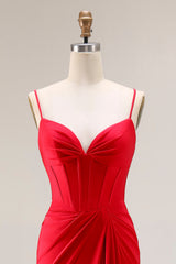 Red Corset Mermaid Spaghetti Straps Satin Prom Dress