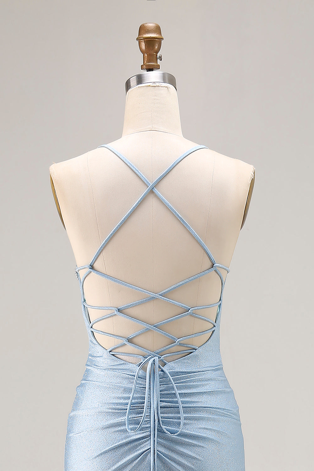 Light Blue Beaded Mermaid Ruched Satin Prom Dress With Slit