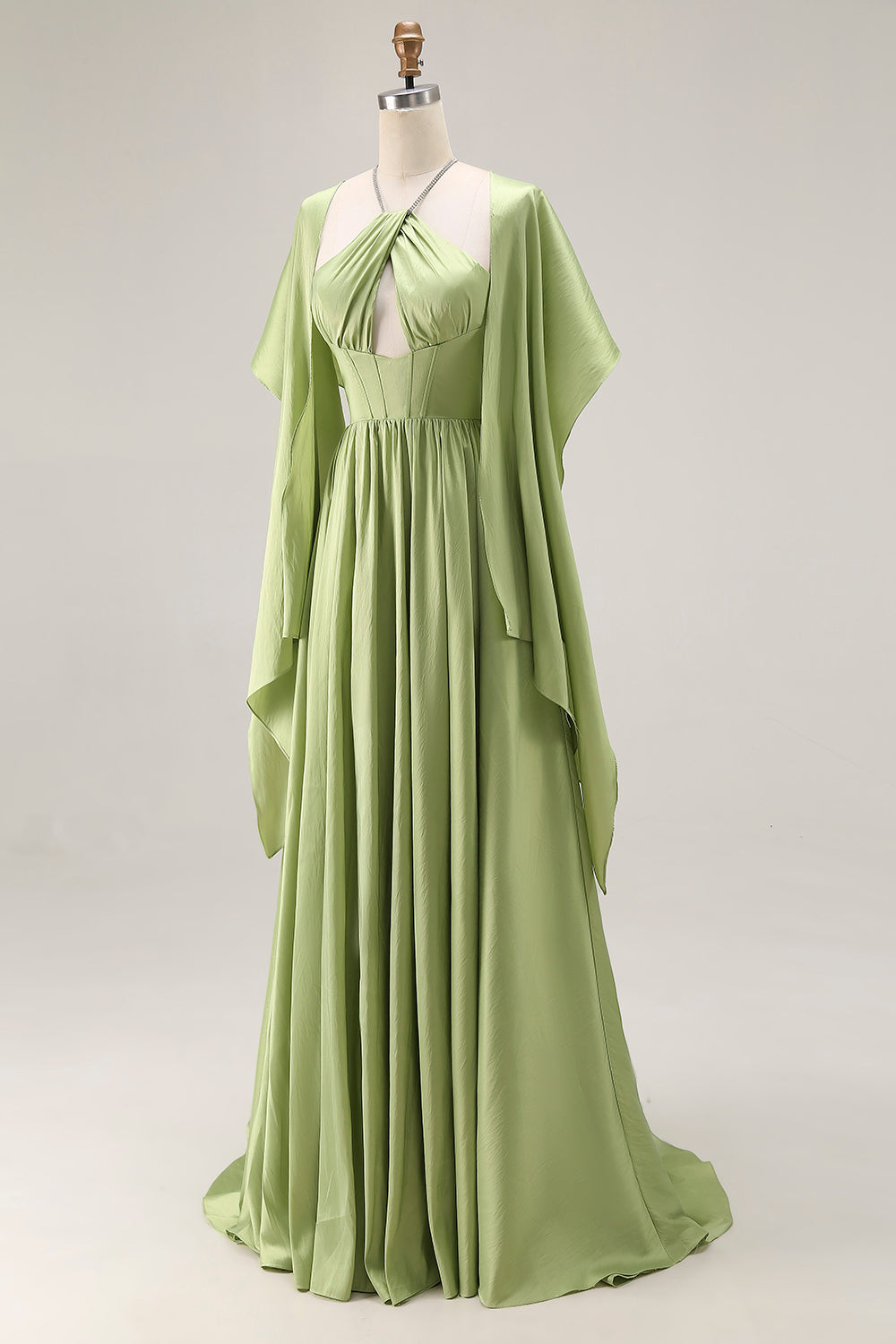 Sage Green A Line Corset Keyhole Maxi Evening Dress With Slit
