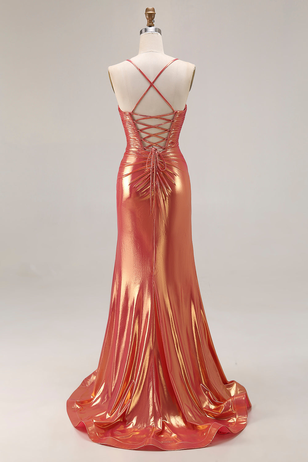 Metallic Orange Mermaid Ruched Prom Dress With Slit