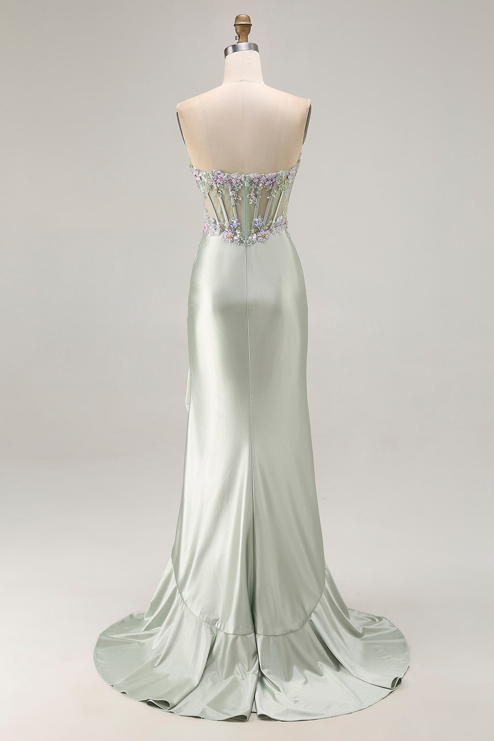 Dusty Sage Sweetheart Appliqued Corset Prom Dress With Ruffle Slit