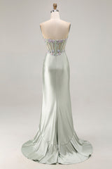 Dusty Sage Sweetheart Appliqued Corset Prom Dress With Ruffle Slit
