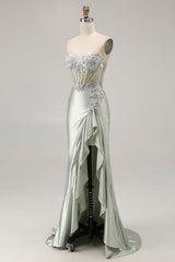 Dusty Sage Sweetheart Appliqued Corset Prom Dress With Ruffle Slit